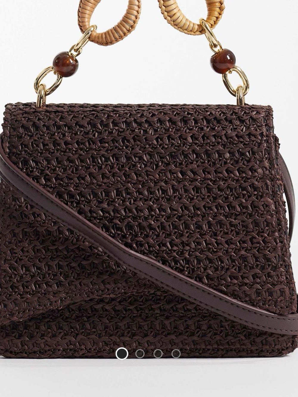 Chocolate Brown Woven Crossbody with Resin Top Handle Gold Hardware - Picture 5 of 14